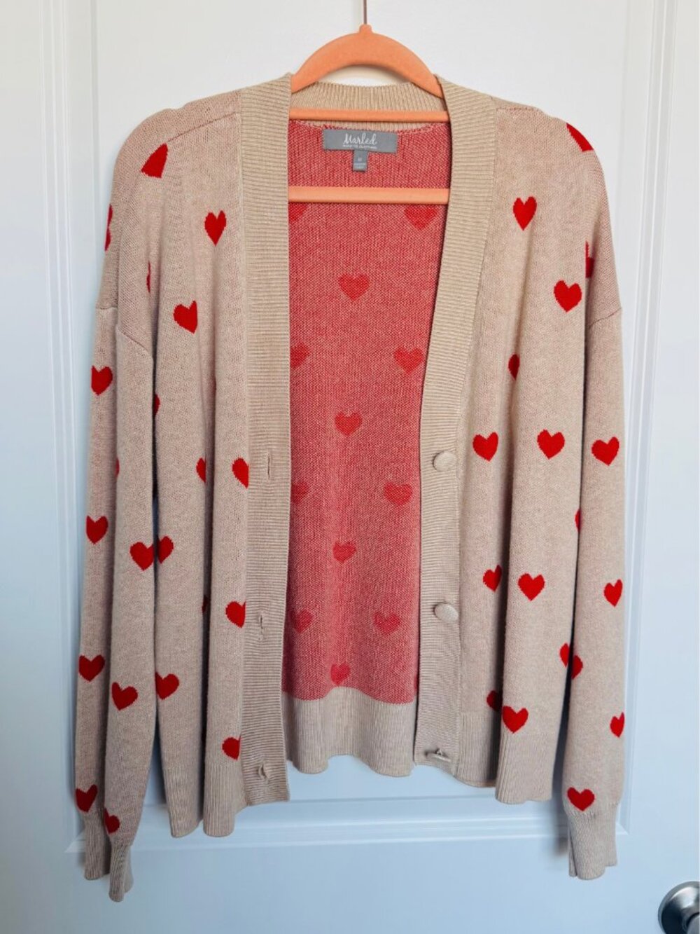 Marled Reunited Clothing Oatmeal Red Heart Print Button Front Cardigan Size M